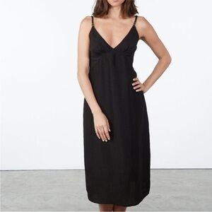 Ali Golden sz S Gathered Front Linen Blend Midi Dress Black